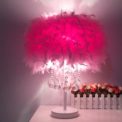 Contemporary Feather Round Night Stand Lamp with Crystal Drop and White/Chrome Base - Red/Pink/Purple Table Light
