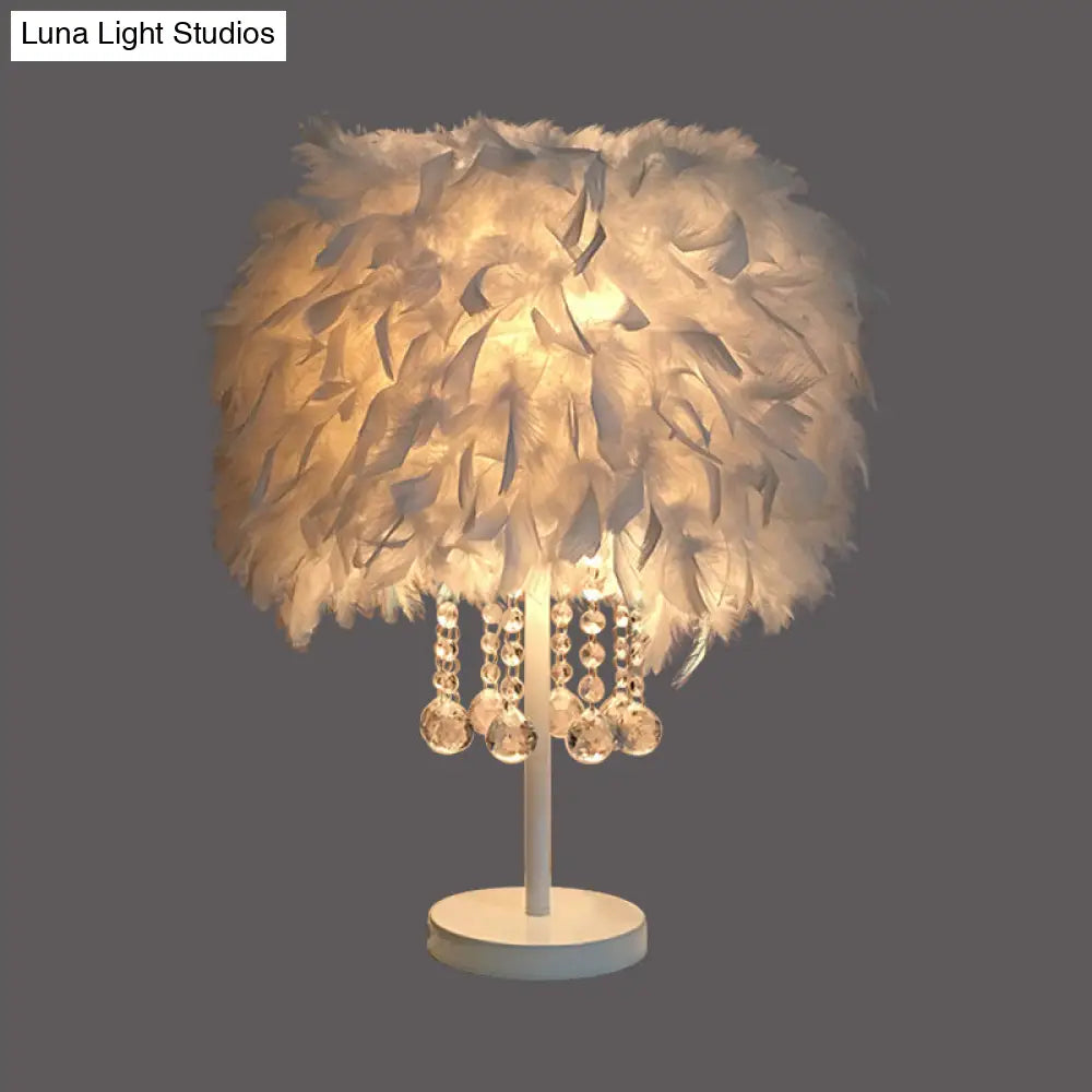 Contemporary Feather Round Night Stand Lamp with Crystal Drop and White/Chrome Base - Red/Pink/Purple Table Light