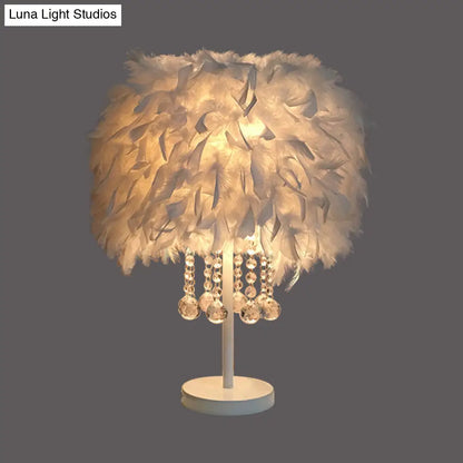 Contemporary Feather Round Night Stand Lamp with Crystal Drop and White/Chrome Base - Red/Pink/Purple Table Light