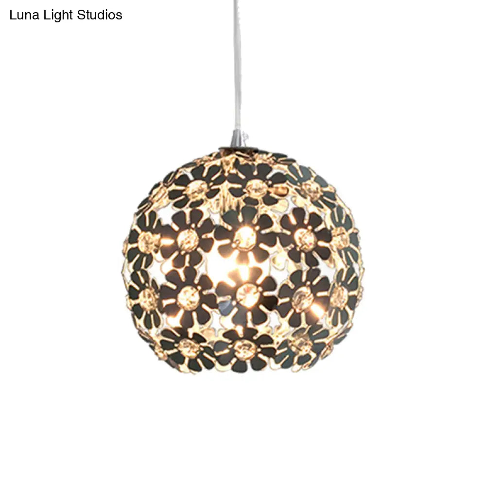 Contemporary Floral Globe Hanging Light - Aluminum Shade, Chrome Suspension, Crystal Accent