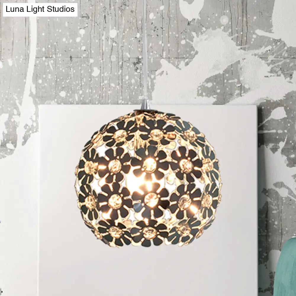 Contemporary Floral Globe Hanging Light - Aluminum Shade, Chrome Suspension, Crystal Accent