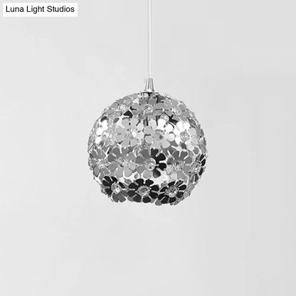 Contemporary Floral Globe Hanging Light - Aluminum Shade, Chrome Suspension, Crystal Accent