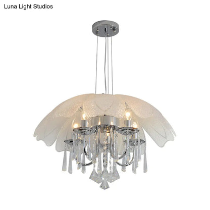 Lámpara de techo contemporánea con forma de flor: pantalla de cristal texturizado, lámpara de techo cromada de 5 luces con colgante de cristal.