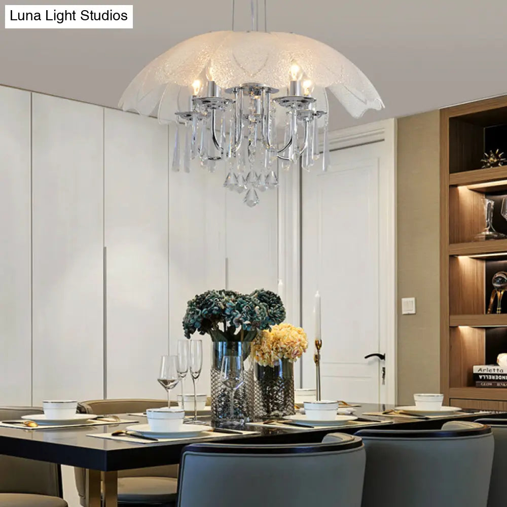 Lámpara de techo contemporánea con forma de flor: pantalla de cristal texturizado, lámpara de techo cromada de 5 luces con colgante de cristal.