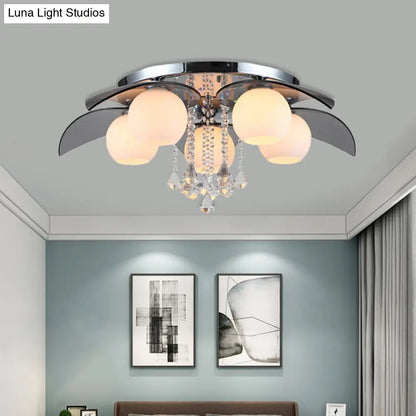 DecorBites™ DecorBites™ Contemporary Flush Mount Lamp with Milkglass, Crystal Strand & Leaf Decor - 5 Lights - Ideal for Hotels and Ceilings