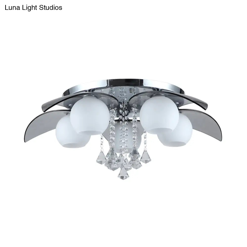 DecorBites™ DecorBites™ Contemporary Flush Mount Lamp with Milkglass, Crystal Strand & Leaf Decor - 5 Lights - Ideal for Hotels and Ceilings
