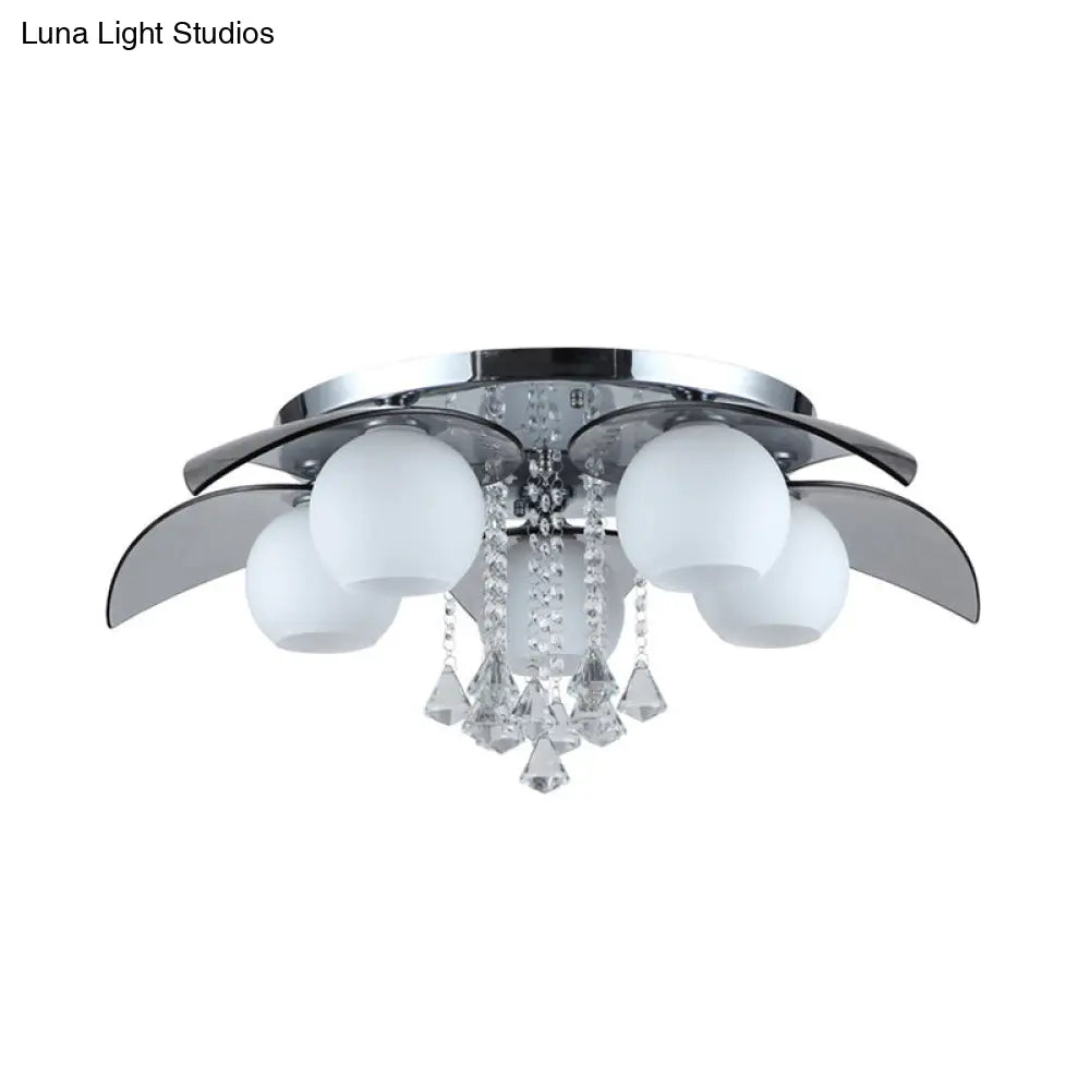 DecorBites™ DecorBites™ Contemporary Flush Mount Lamp with Milkglass, Crystal Strand & Leaf Decor - 5 Lights - Ideal for Hotels and Ceilings