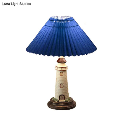 Contemporary Foldable Conical Table Lamp for Children's Room - 1-Light Blue/Red Fabric Shade with Resin Tower Base