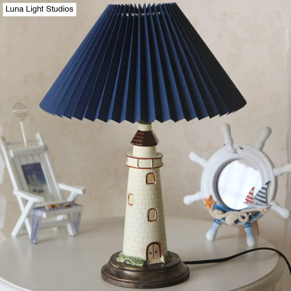 Contemporary Foldable Conical Table Lamp for Children's Room - 1-Light Blue/Red Fabric Shade with Resin Tower Base