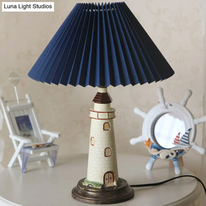Contemporary Foldable Conical Table Lamp for Children's Room - 1-Light Blue/Red Fabric Shade with Resin Tower Base