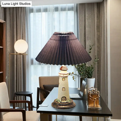 Contemporary Foldable Conical Table Lamp for Children's Room - 1-Light Blue/Red Fabric Shade with Resin Tower Base