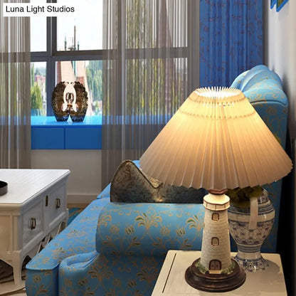 Contemporary Foldable Conical Table Lamp for Children's Room - 1-Light Blue/Red Fabric Shade with Resin Tower Base