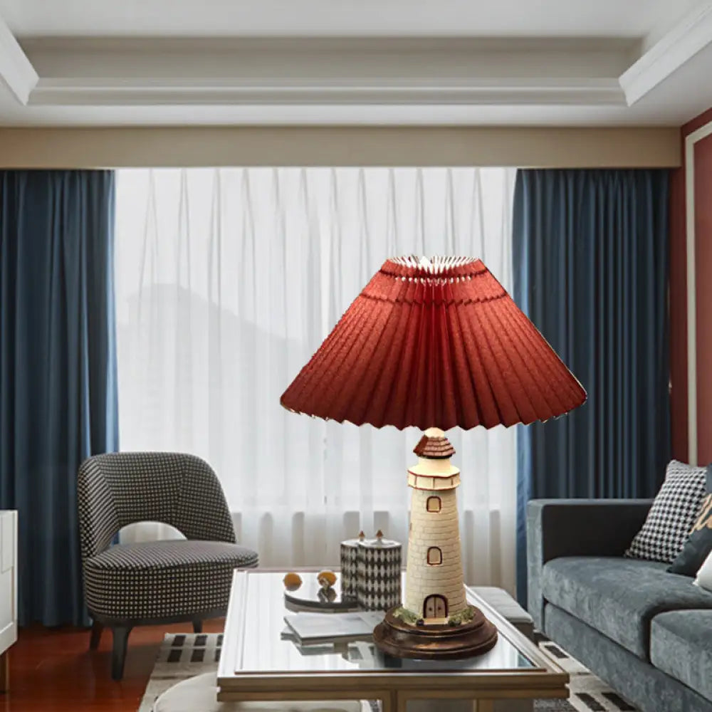 Contemporary Foldable Conical Table Lamp for Children's Room - 1-Light Blue/Red Fabric Shade with Resin Tower Base