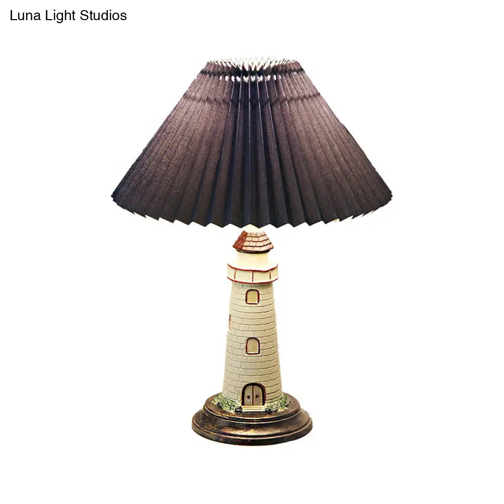 Contemporary Foldable Conical Table Lamp for Children's Room - 1-Light Blue/Red Fabric Shade with Resin Tower Base