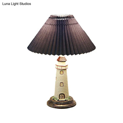 Contemporary Foldable Conical Table Lamp for Children's Room - 1-Light Blue/Red Fabric Shade with Resin Tower Base