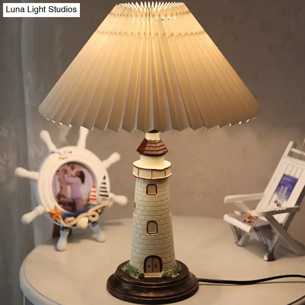 Contemporary Foldable Conical Table Lamp for Children's Room - 1-Light Blue/Red Fabric Shade with Resin Tower Base