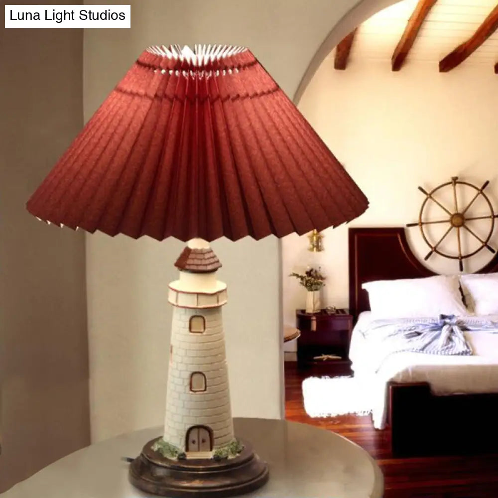 Contemporary Foldable Conical Table Lamp for Children's Room - 1-Light Blue/Red Fabric Shade with Resin Tower Base