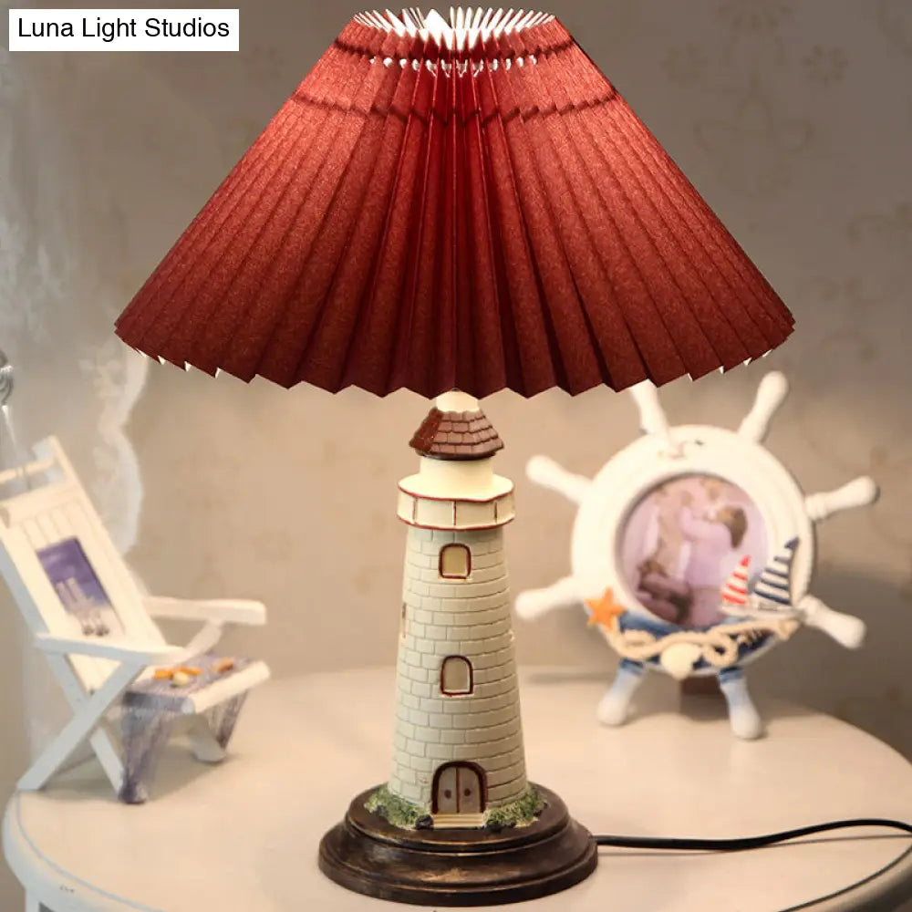 Contemporary Foldable Conical Table Lamp for Children's Room - 1-Light Blue/Red Fabric Shade with Resin Tower Base