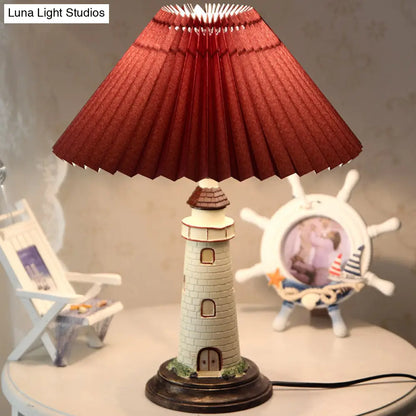 Contemporary Foldable Conical Table Lamp for Children's Room - 1-Light Blue/Red Fabric Shade with Resin Tower Base