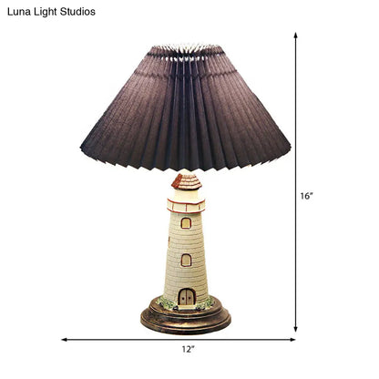 Contemporary Foldable Conical Table Lamp for Children's Room - 1-Light Blue/Red Fabric Shade with Resin Tower Base