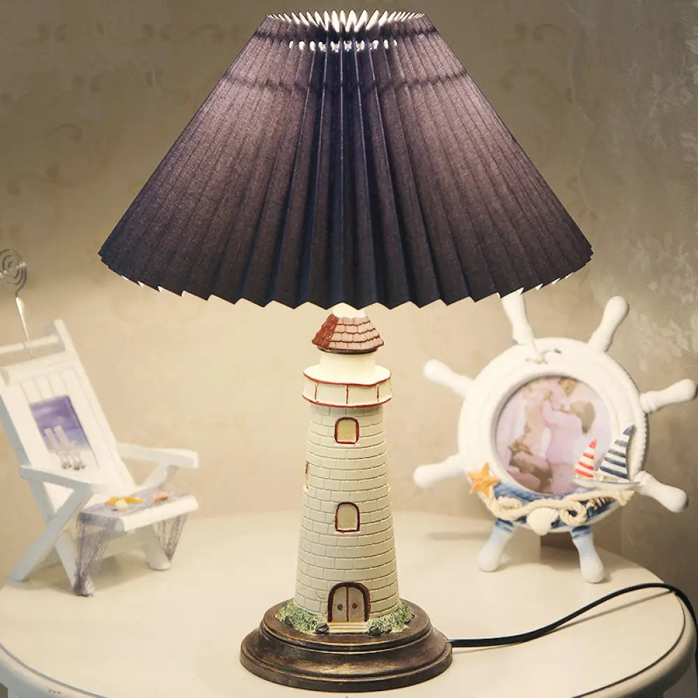 Contemporary Foldable Conical Table Lamp for Children's Room - 1-Light Blue/Red Fabric Shade with Resin Tower Base