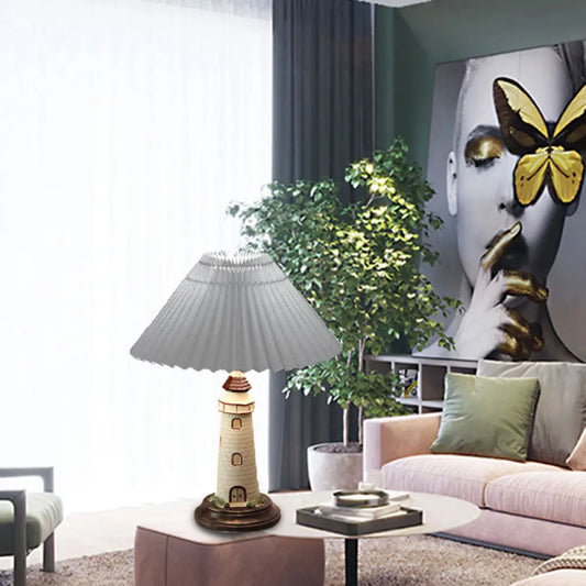 Contemporary Foldable Conical Table Lamp for Children's Room - 1-Light Blue/Red Fabric Shade with Resin Tower Base