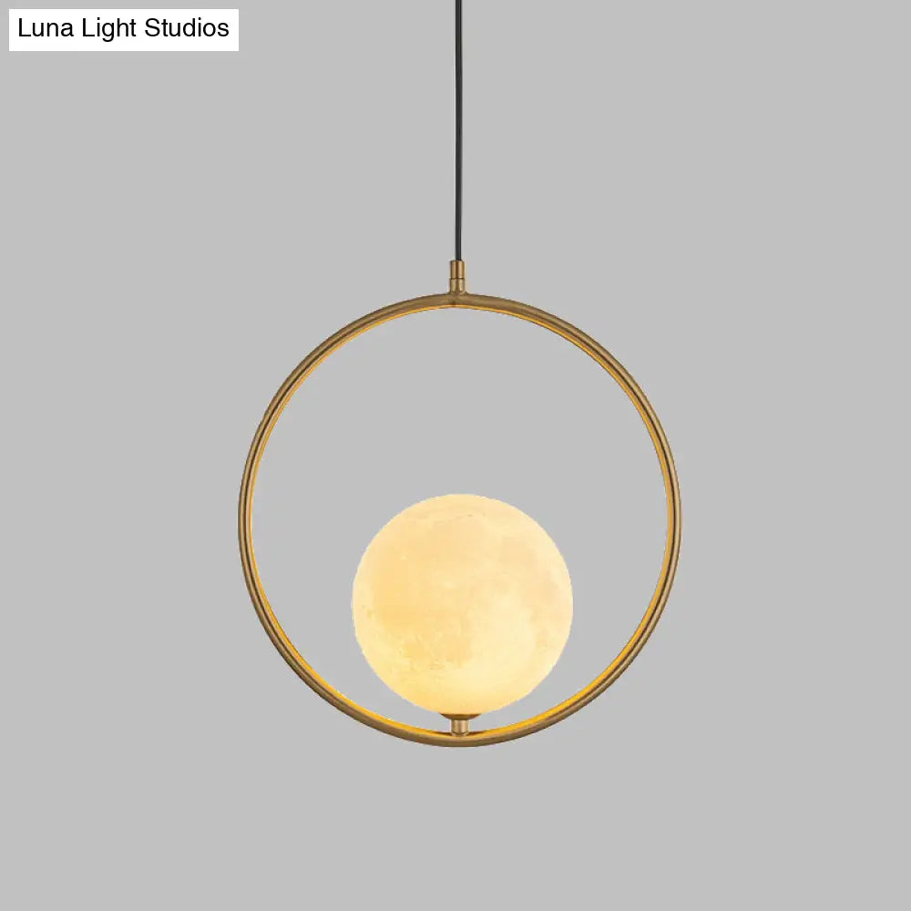 Contemporary Frosted White Glass Globe Pendant Light - Gold Ceiling Lamp with Metal Ring