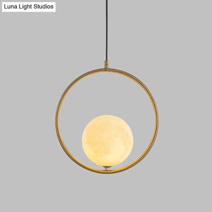 Contemporary Frosted White Glass Globe Pendant Light - Gold Ceiling Lamp with Metal Ring