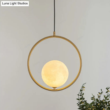 Contemporary Frosted White Glass Globe Pendant Light - Gold Ceiling Lamp with Metal Ring