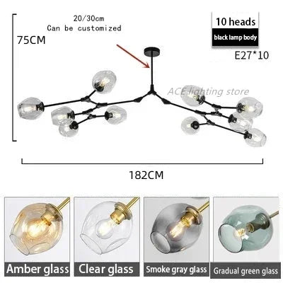 Contemporary Glass Bubble Chandelier for Living Room - 10 Heads A / Black lamp body / Amber glass - Chandelier