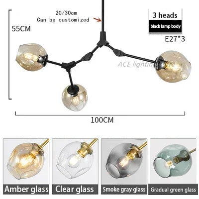 Contemporary Glass Bubble Chandelier for Living Room - 3 Heads A / Black lamp body / Smoke grey glass - Chandelier