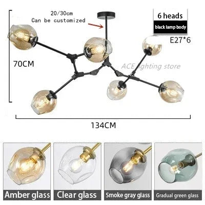 Contemporary Glass Bubble Chandelier for Living Room - 6 Heads A / Black lamp body / Amber glass - Chandelier
