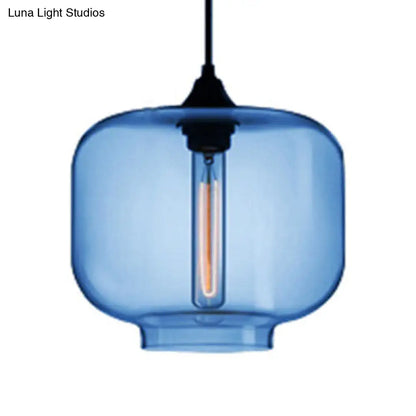 Contemporary Glass Hanging Lamp - Cylinder Shape, 1 Light, Red/Brown/Blue