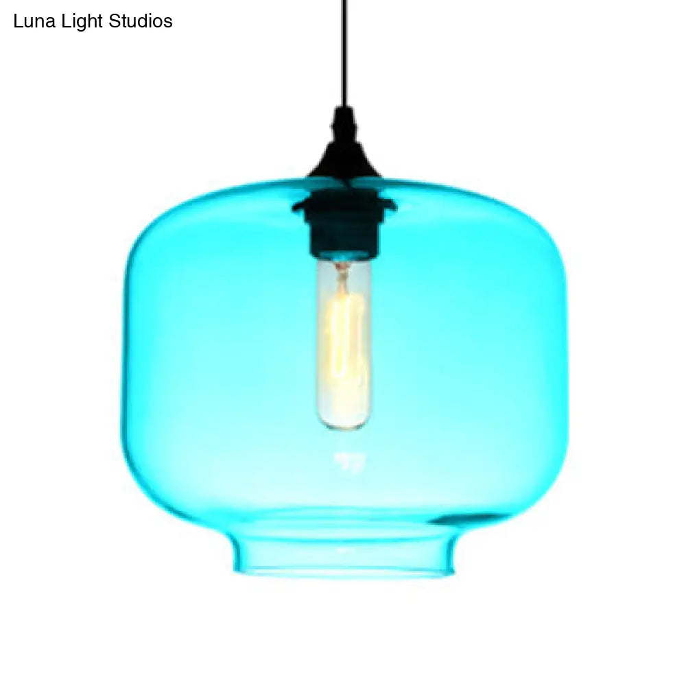 Contemporary Glass Hanging Lamp - Cylinder Shape, 1 Light, Red/Brown/Blue