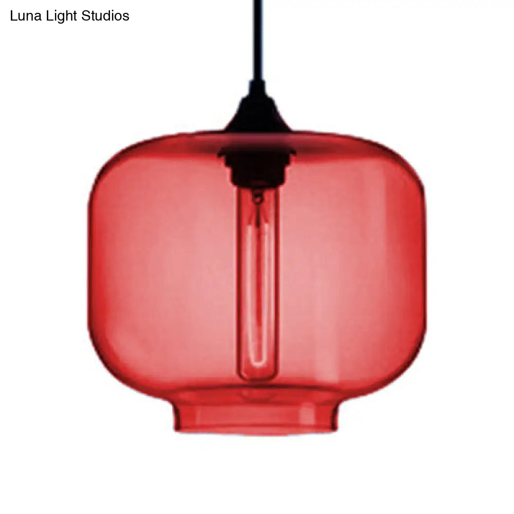 Contemporary Glass Hanging Lamp - Cylinder Shape, 1 Light, Red/Brown/Blue