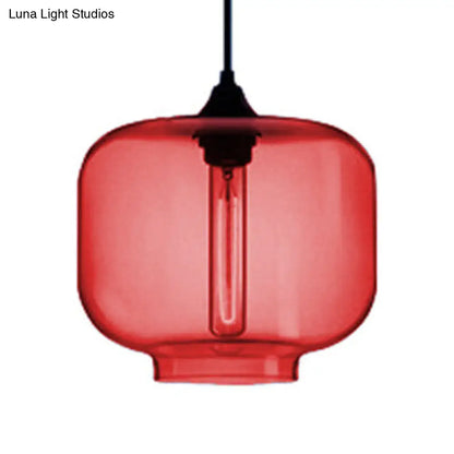 Contemporary Glass Hanging Lamp - Cylinder Shape, 1 Light, Red/Brown/Blue