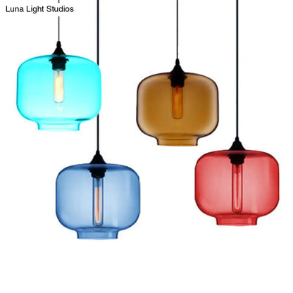 Contemporary Glass Hanging Lamp - Cylinder Shape, 1 Light, Red/Brown/Blue