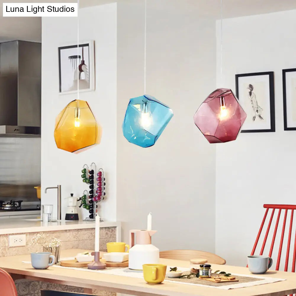 Contemporary Glass Pendant Light - Faceted Grey/Orange/Purple - 1-Light LED Hanging Lamp for Dining Room Fixture