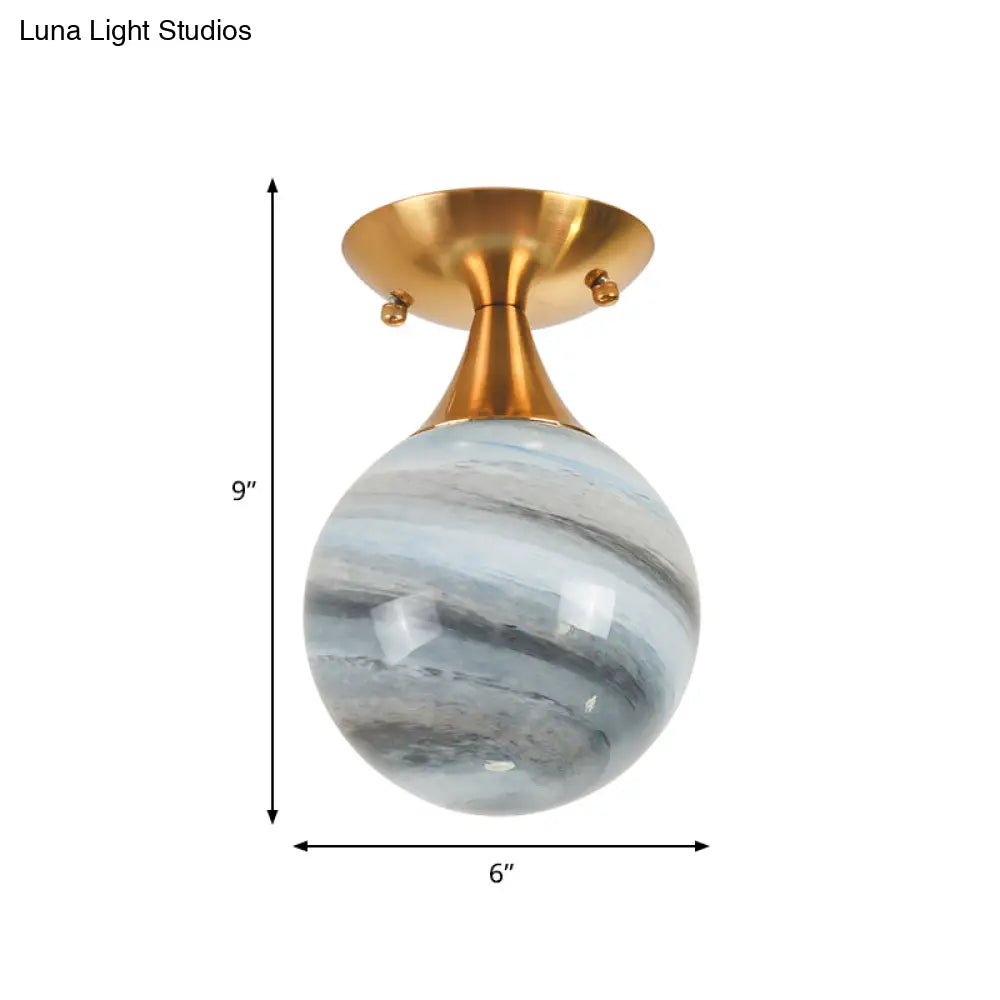 DecorBites™ DecorBites™ Contemporary Globe Blue Glass Flush Mount Light Fixture - 1 Light Gold Flush Lamp