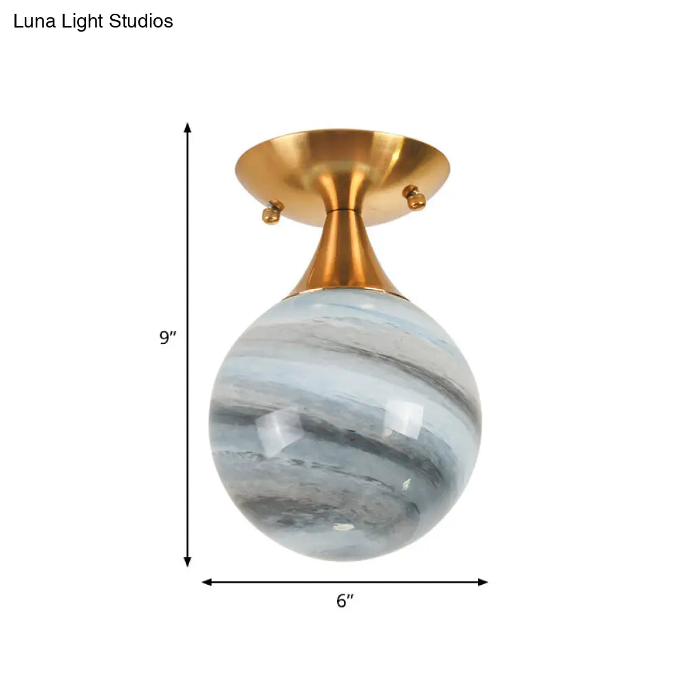 DecorBites™ DecorBites™ Contemporary Globe Blue Glass Flush Mount Light Fixture - 1 Light Gold Flush Lamp