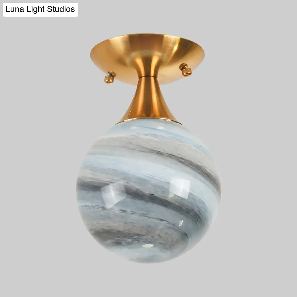 DecorBites™ DecorBites™ Contemporary Globe Blue Glass Flush Mount Light Fixture - 1 Light Gold Flush Lamp