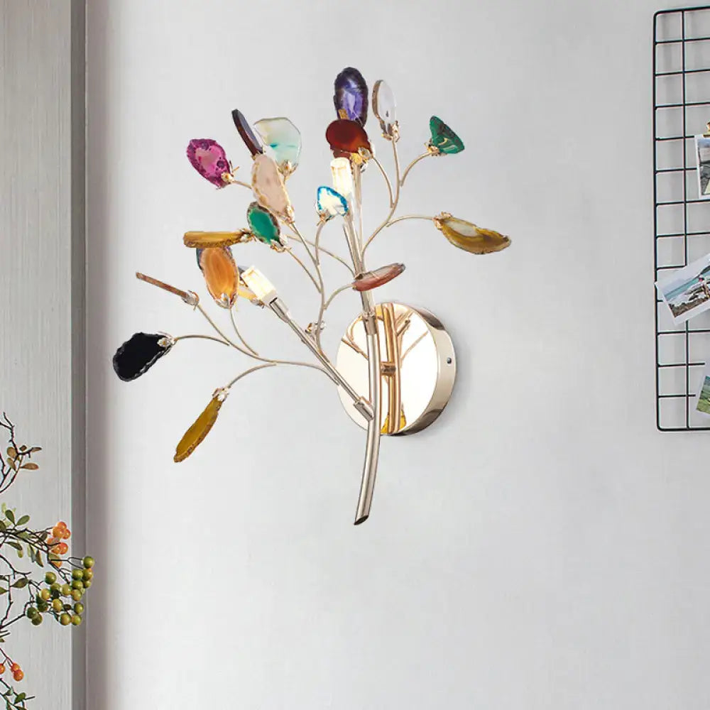 Contemporary gold agate leaf tree sconce with colorful agate slices, 24 inches tall for living room lighting