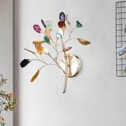 Contemporary gold agate leaf tree sconce with colorful agate slices, 24 inches tall for living room lighting
