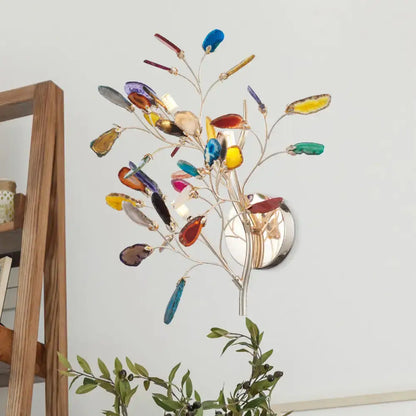 Contemporary gold agate leaf tree sconce with colorful glass leaves and silver base 24 inches tall for living room