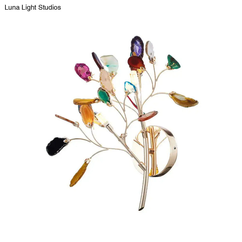 Contemporary gold agate leaf tree sconce 24 inches tall with colorful polished gemstone leaves for living room lighting