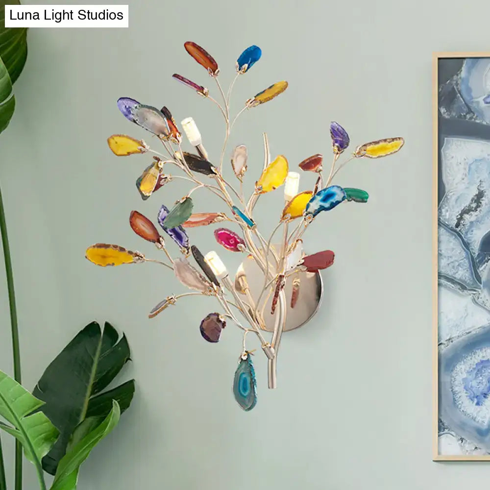 Contemporary gold agate leaf tree sconce 24 inches tall with colorful blue yellow purple and green agate slices on metal base