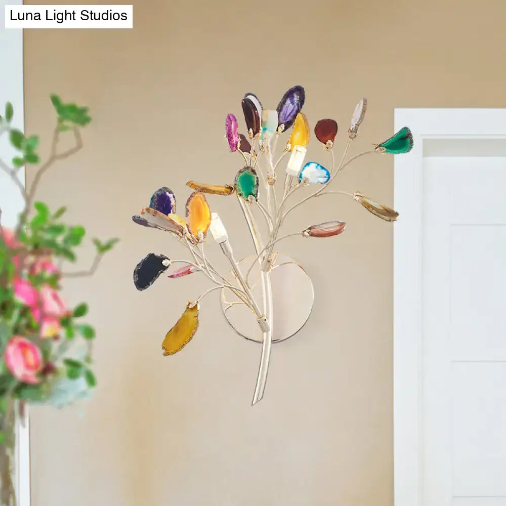 Contemporary gold agate leaf tree sconce 24 inches tall with colorful translucent gemstone leaves in purple green yellow and blue