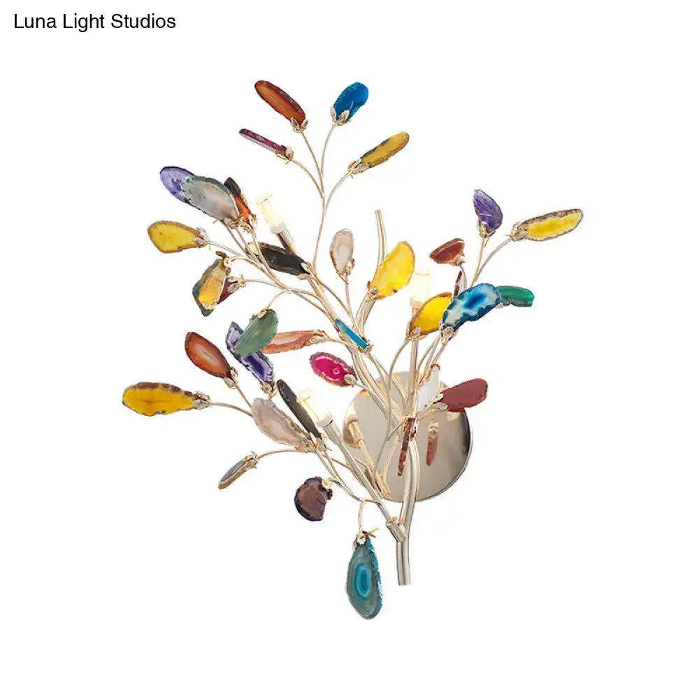 Contemporary gold agate leaf tree sconce 24 inches tall with colorful blue yellow purple and green agate slices