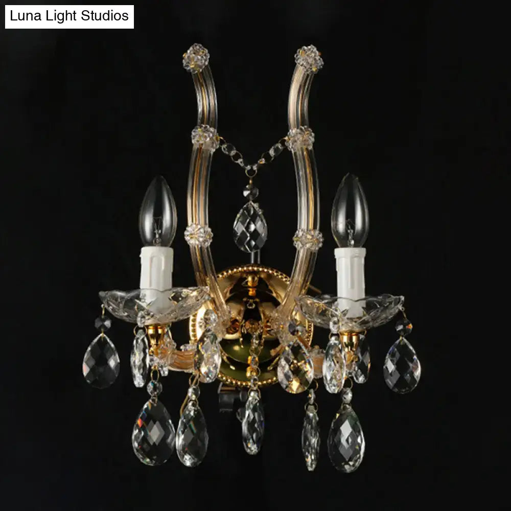 Contemporary gold amber glass crystal deco wall light with gold-toned crystal chandelier and dangling teardrop crystals