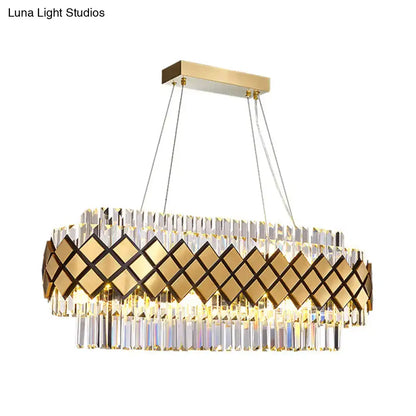 DecorBites™ contemporary gold pendant light with clear crystal lattice frame and geometric diamond pattern for dining room